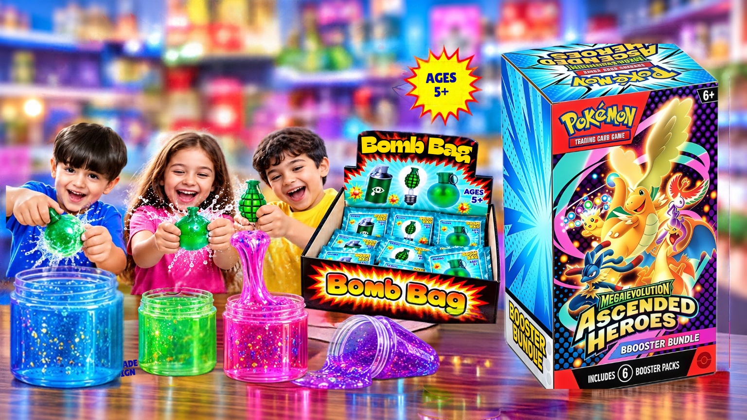 Colorful trading card booster box, slime and kinetic sand product display