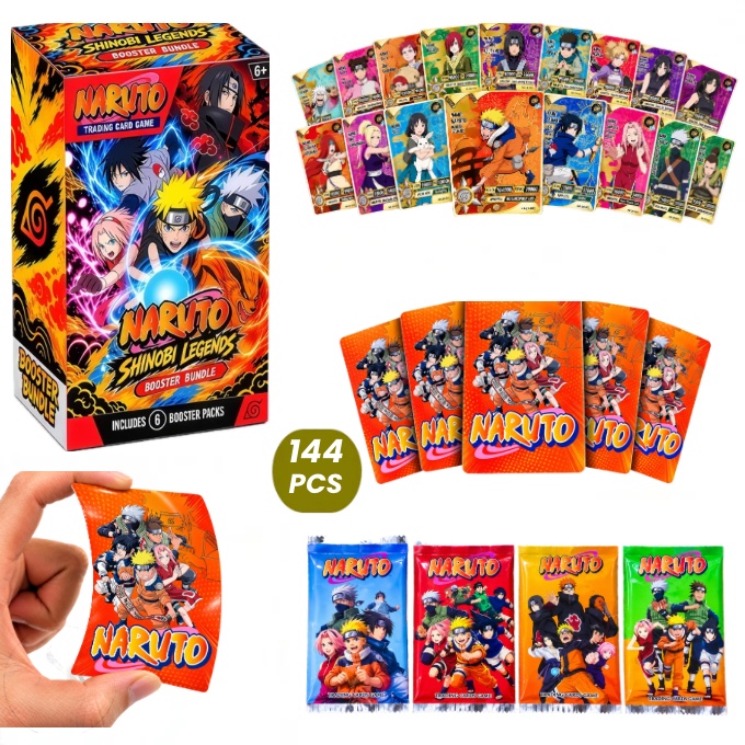 Naruto Trading Cards full product display showing the box, cards, packs and 144 pieces