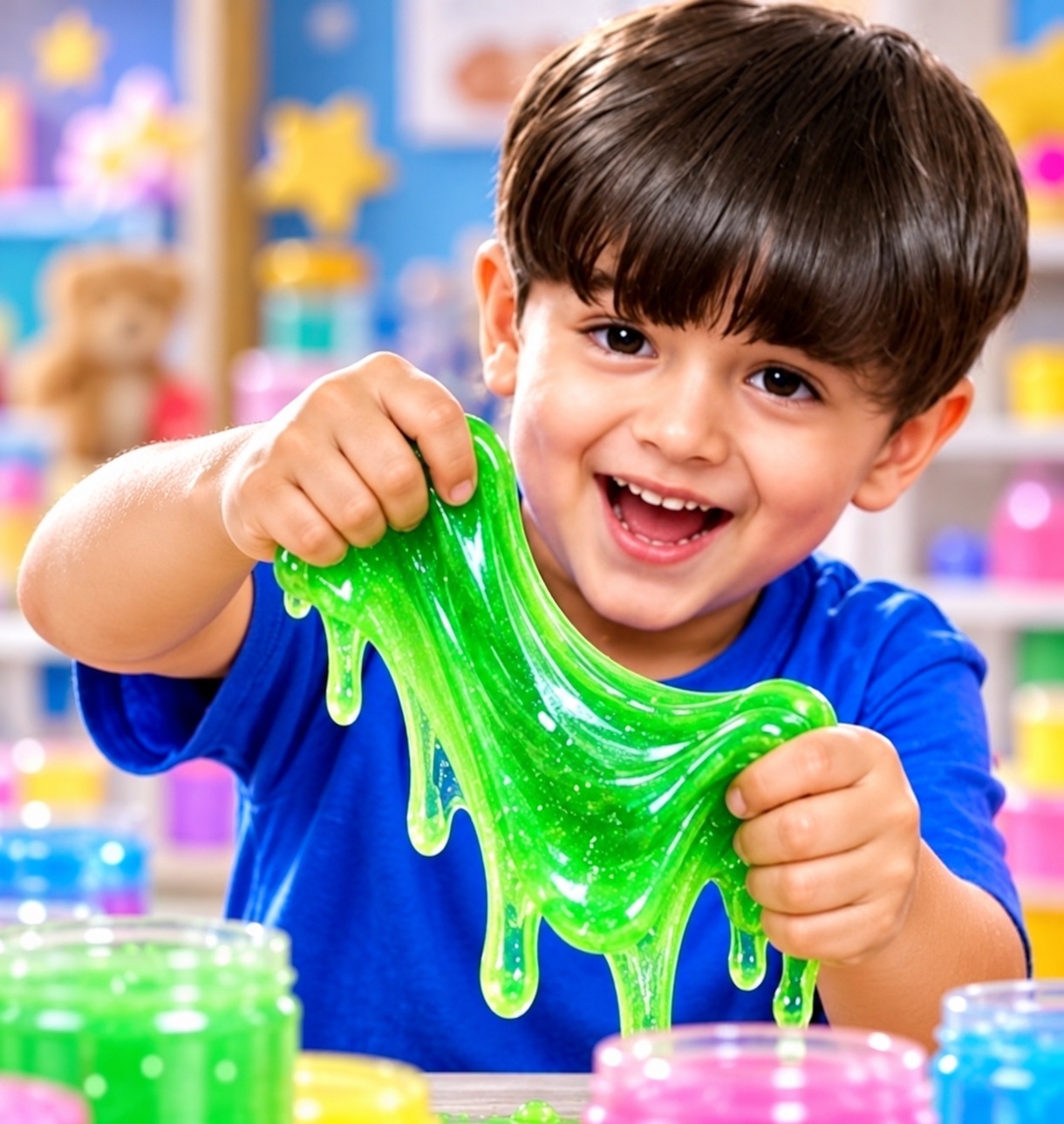 Child playing with bright green slime